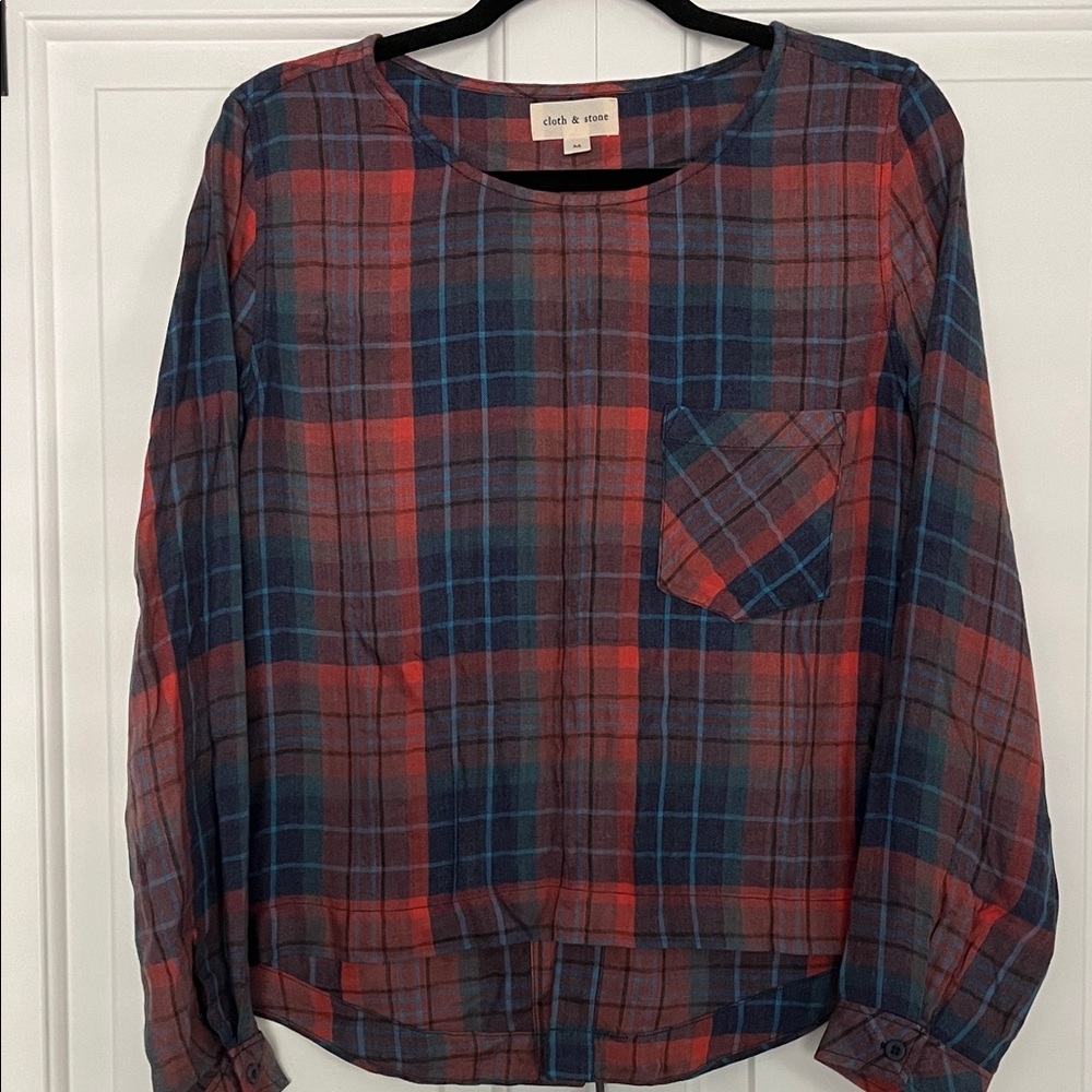 Cloth & Stone rust and Blue Plaid Blouse